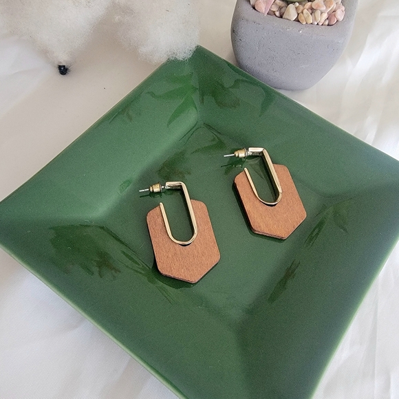 Jewelry - Unique Geometric Wood And Gold Earrings
